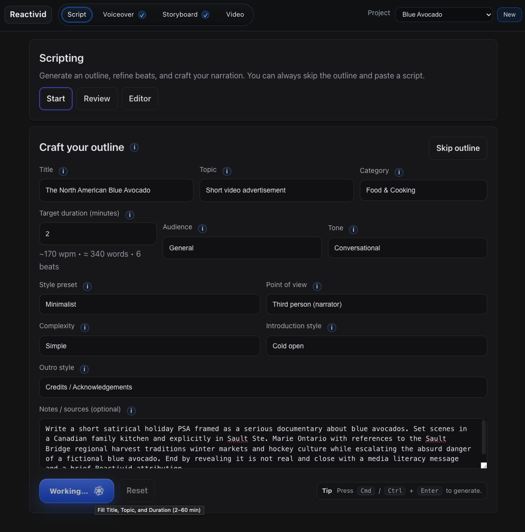 Scripting start view showing outline inputs like title, topic, duration, audience, tone, and notes.