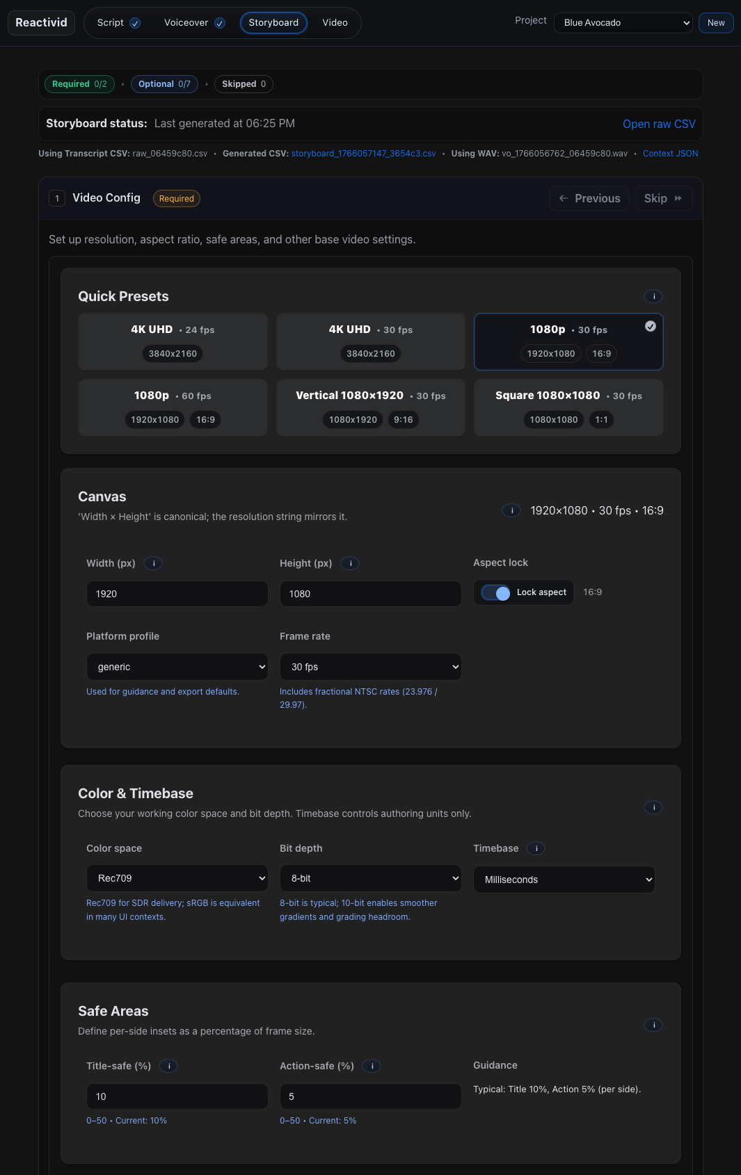 Storyboard step showing video config with quick presets, canvas sizing, color and timebase, and safe areas.